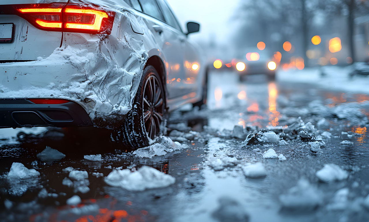 Car involved in an accident on an icy road during a snowstorm, highlighting dangerous winter driving conditions